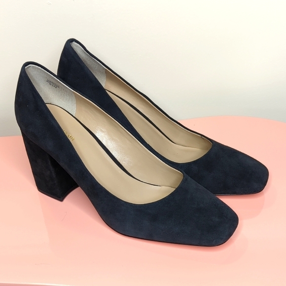 Ann Taylor Suede Leather Square Toe Block Heel Pumps Black Size 9.5 - Picture 1 of 11